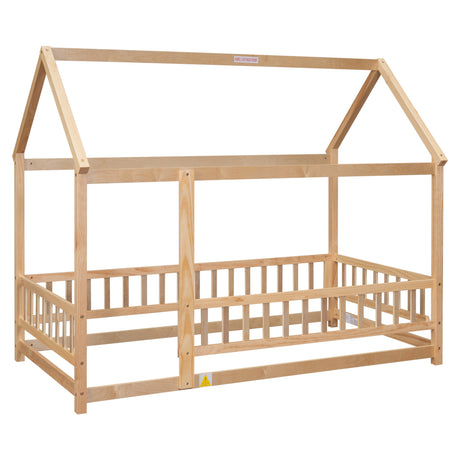 Twin Size Floor Wooden Bed with House Roof Frame, Fence Guardrails - V.I.P Digital Presence
