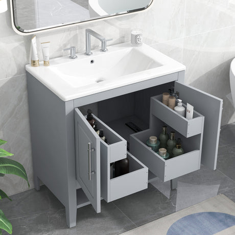 30" Bathroom Vanity with Sink, Multi-functional Bathroom Cabinet with Doors and Drawers, Solid Frame and MDF Board, Grey - V.I.P Digital Presence