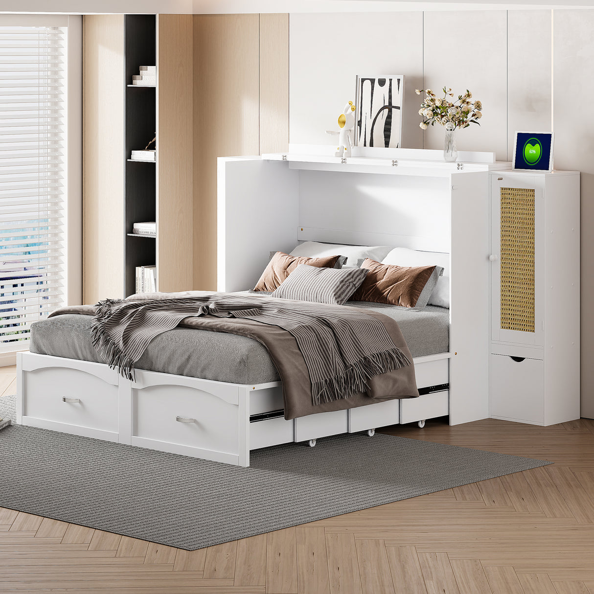 Large Murphy bed wall mounted bed with drawers, 2 storage cabinets, 1 set of sockets and USB ports, white - V.I.P Digital Presence