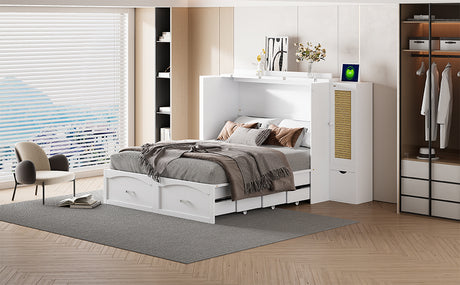 Large Murphy bed wall mounted bed with drawers, 2 storage cabinets, 1 set of sockets and USB ports, white - V.I.P Digital Presence