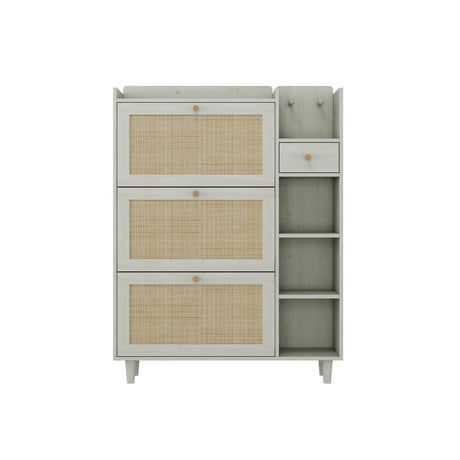 Natural Bohemian style shoe cabinet with 3 rattan flip drawers, 3 square shelves, and 1 storage drawer, white - V.I.P Digital Presence