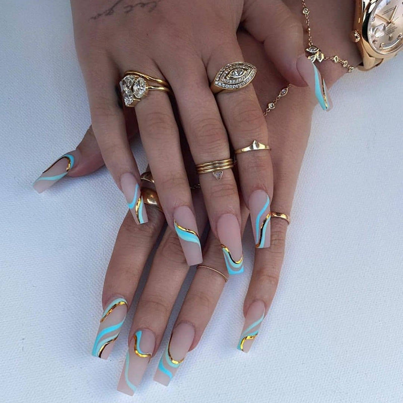 Gold Line Wave Pattern Long Ballet Nail Printed Gold Frosted Manicure Ins Matte Pop Style Contrast Color Wearing Nail - V.I.P Digital Presence