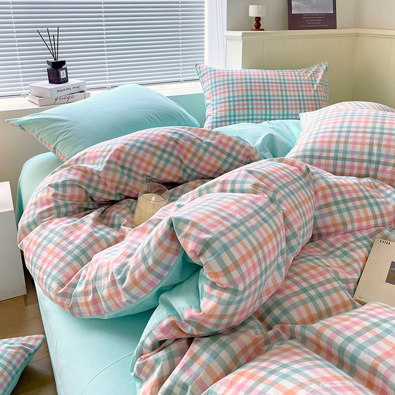 Cotton Dyed Washed Cotton Bedding Set Pure Cotton A Class Flat Sheet Quilt Cover Fitted Sheet Quilt Cover Three-Piece Set Striped