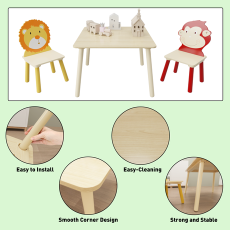Kids Table and 2 Chairs Set 3 Pieces Toddler Table and Chair Set Wooden Activity Play Table Set (Lion&Monkey) - V.I.P Digital Presence