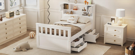 Twin Size Captain Platform Bed Frame with Storage Bookcases and Shelves,Four Drawers,White - V.I.P Digital Presence