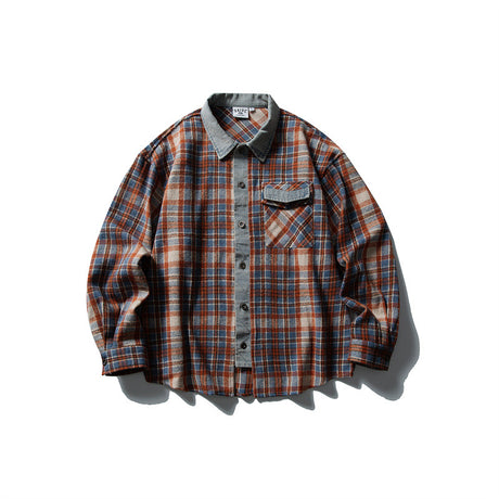 Color blocked denim patchwork brushed plaid shirt for men and women - V.I.P Digital Presence