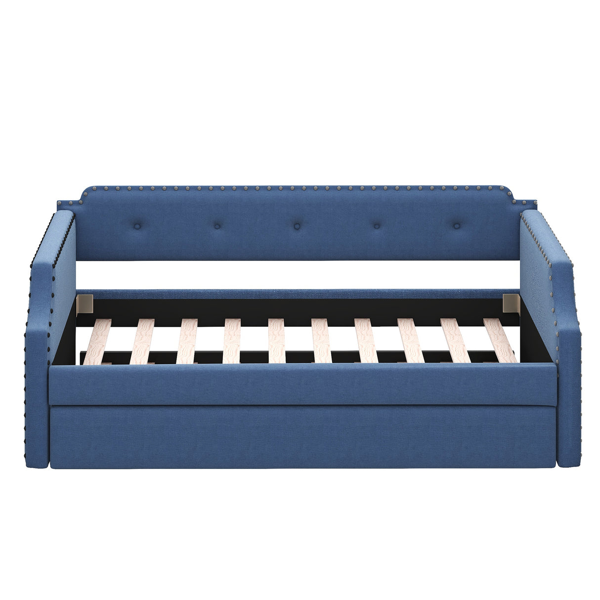 Upholstered Daybed with Trundle, Wood Slat Support,Upholstered Frame Sofa Bed Twin Blue - V.I.P Digital Presence