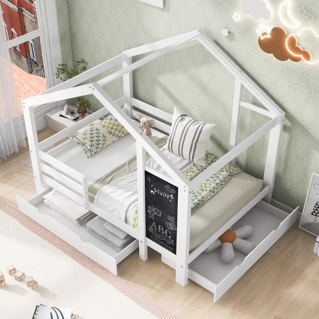 Full House Bed with Blackboard and Drawers Two assembly options White - V.I.P Digital Presence
