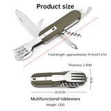 7-in-1 multifunctional stainless steel foldable outdoor camp tableware: fork, spoon, knife. Survival tools for picnic, camping.