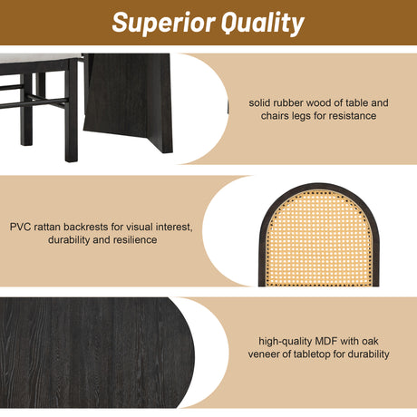 TREXM 5-piece retro functional cutlery set with 1 expandable dining table and 4 cushioned chairs with rattan backrests (espresso - V.I.P Digital Presence