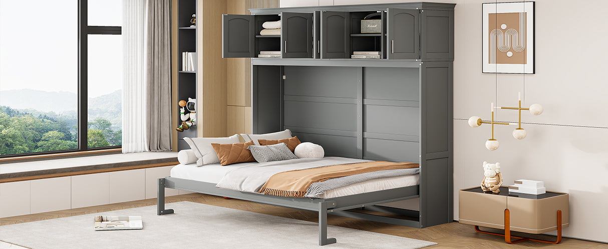 Full Size Murphy Bed Wall Bed with Top Cabinets,Gray - V.I.P Digital Presence