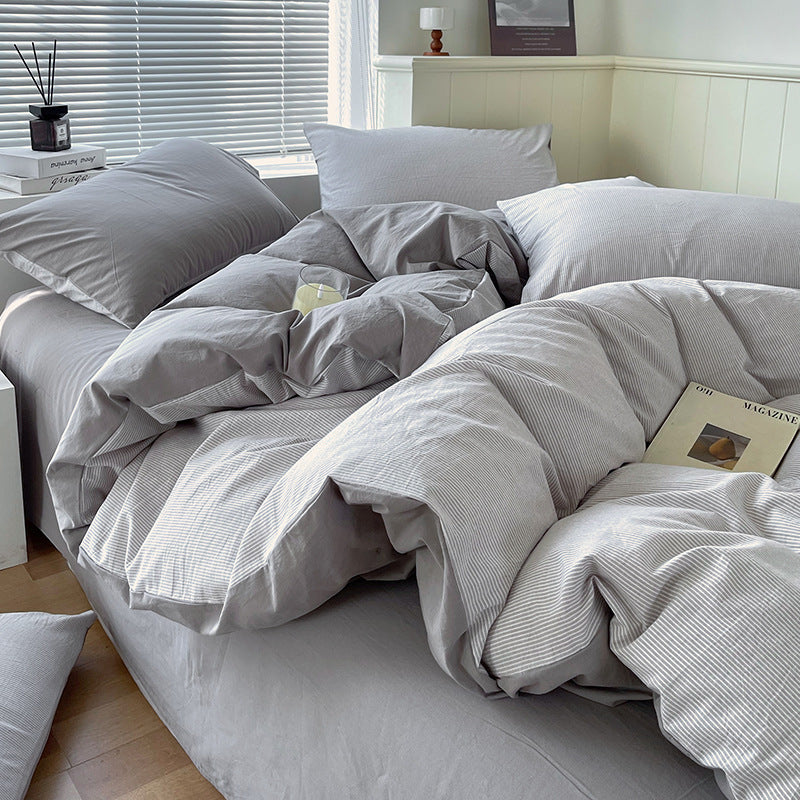 Cotton Dyed Washed Cotton Bedding Set Pure Cotton A Class Flat Sheet Quilt Cover Fitted Sheet Quilt Cover Three-Piece Set Striped