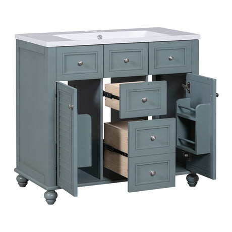 36 "bathroom makeup cabinet with resin sink combination and 2 drawers, with soft closing door, blue color - V.I.P Digital Presence