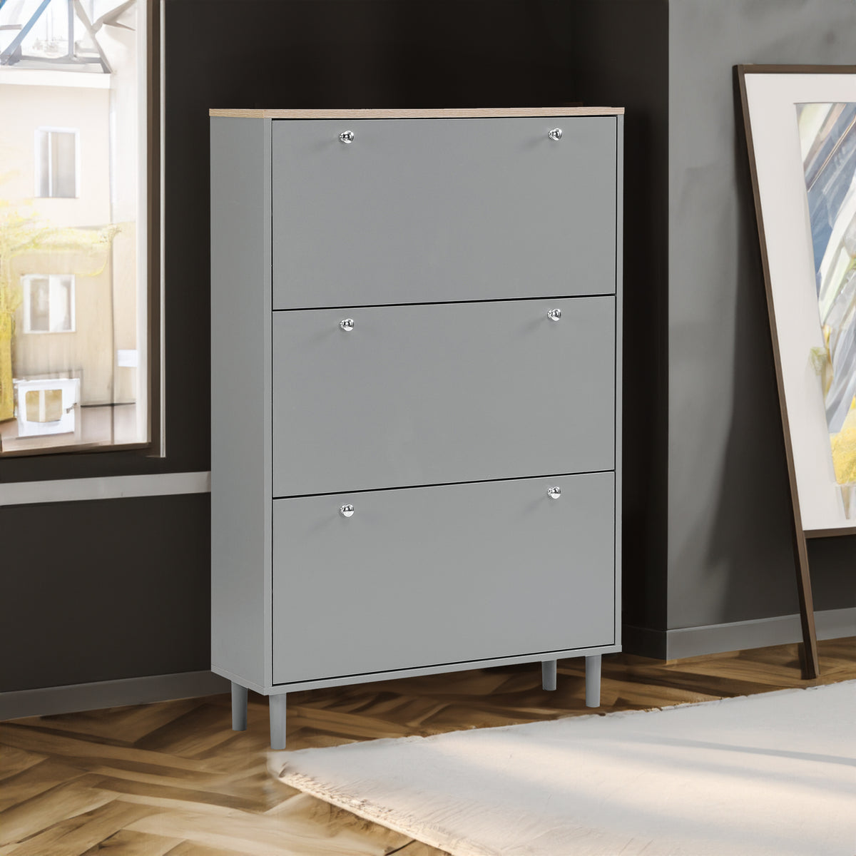 ON-TRANS narrow design shoe cabinet with 3 flip drawers and 3 independent shoe racks with 3 hooks, gray - V.I.P Digital Presence