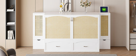 Large Murphy bed wall mounted bed with drawers, 2 storage cabinets, 1 set of sockets and USB ports, white - V.I.P Digital Presence