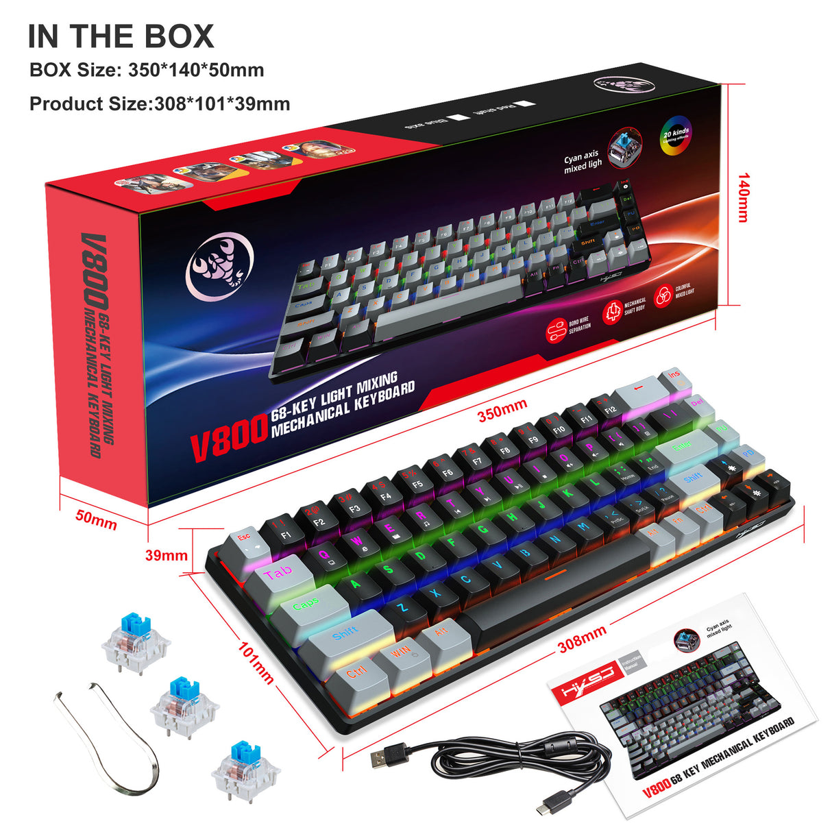 68 keys, 60% keyboard, customized color blocked keycaps, RGB mechanical keyboard, MINI set, plug-in blue axis ice blue disc - V.I.P Digital Presence