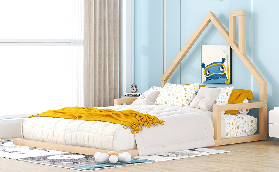 Full Size Wood Floor Bed with House-shaped Headboard  Natural