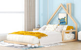 Full Size Wood Floor Bed with House-shaped Headboard  Natural