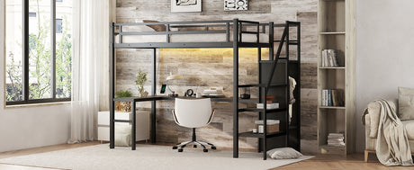 Twin XL loft bed with L-shaped desk and USB, metal loft bed with wardrobe and adjustable shelf, LED loft bed, black - V.I.P Digital Presence