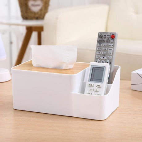 Multi-functional Plastic Tissue Box with Bamboo Wooden Cover Phone Slot Home Kitchen Napkin Case Holder Storage Decoration - V.I.P Digital Presence