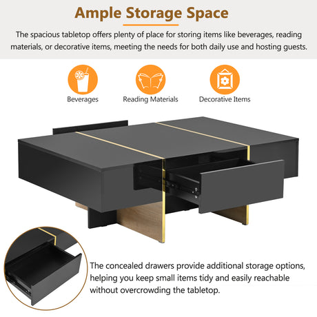 ON-TRANS 47.2 inch x 31.4 inch multifunctional rectangular sofa table with 2 drawers and gold wood grain leg center table, black - V.I.P Digital Presence