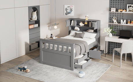 Twin Size Captain Platform Bed Frame with Storage Bookcases and Shelves,Four Drawers, Gray - V.I.P Digital Presence