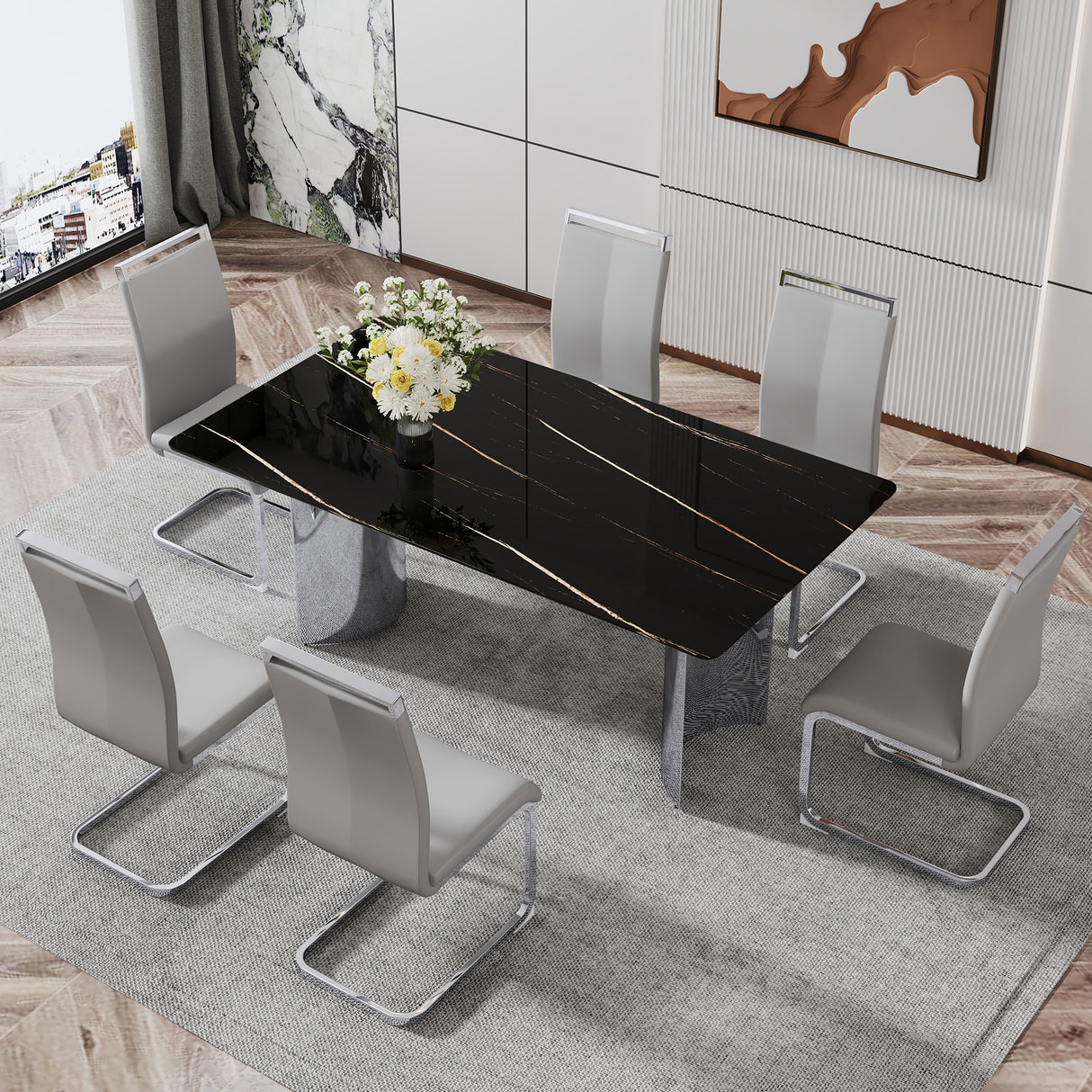 Modern minimalist dining table The black imitation marble glass desktop is equipped with silver metal legs - V.I.P Digital Presence