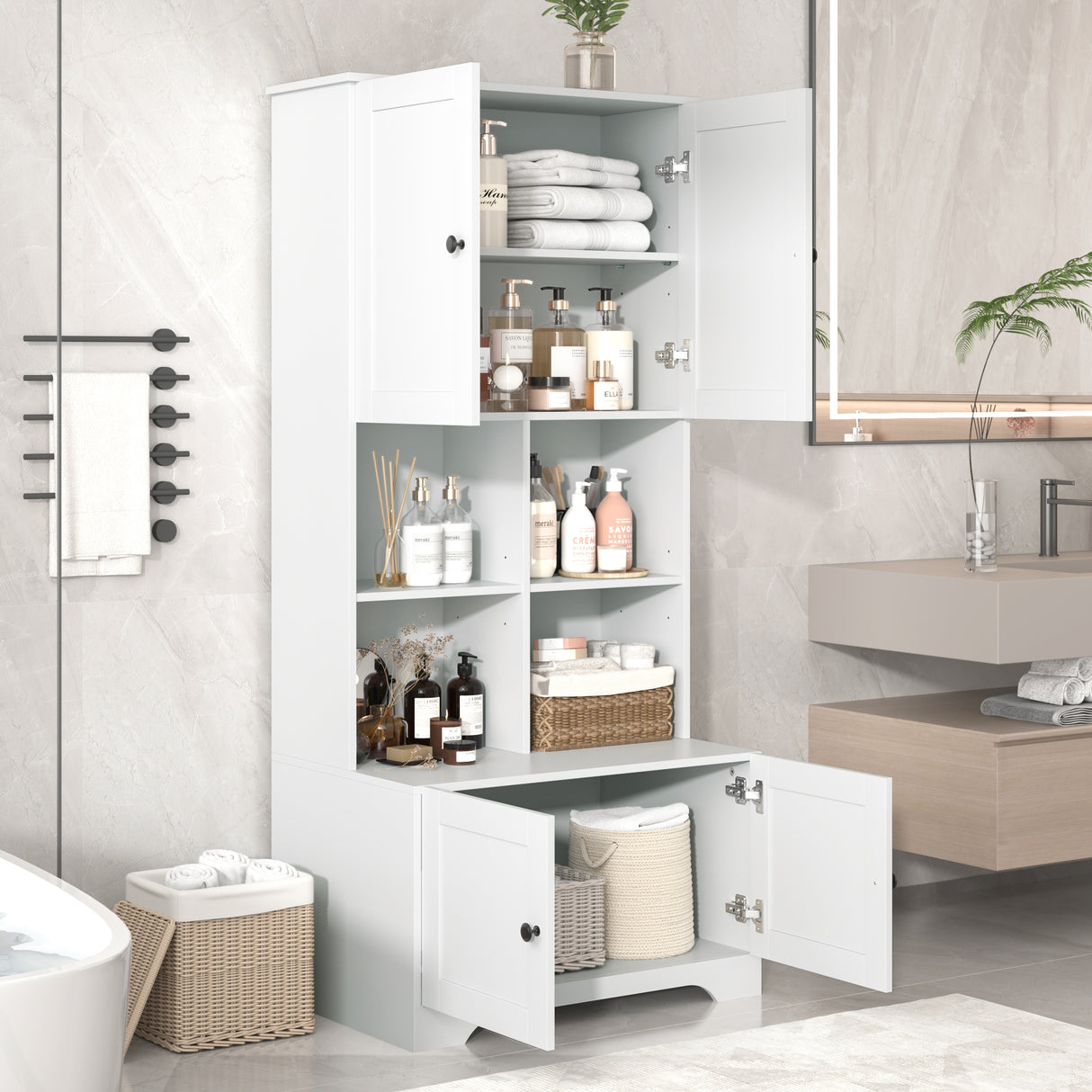 Bathroom storage cabinet, 4-door independent cabinet, adjustable shelf, open multi-layer shelf, white - V.I.P Digital Presence