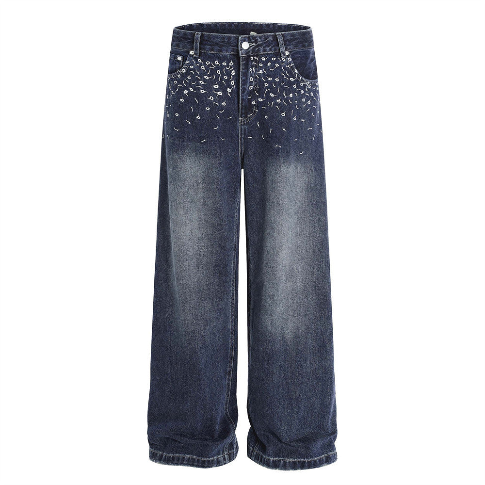 Street Design Floral Embroidered Denim Wide-Leg Long Pants Men's Vibe Trendy Washed Distressed Straight Leg Trousers - V.I.P Digital Presence