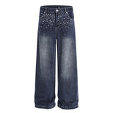 Street Design Floral Embroidered Denim Wide-Leg Long Pants Men's Vibe Trendy Washed Distressed Straight Leg Trousers - V.I.P Digital Presence