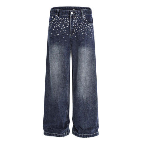 Street Design Floral Embroidered Denim Wide-Leg Long Pants Men's Vibe Trendy Washed Distressed Straight Leg Trousers - V.I.P Digital Presence