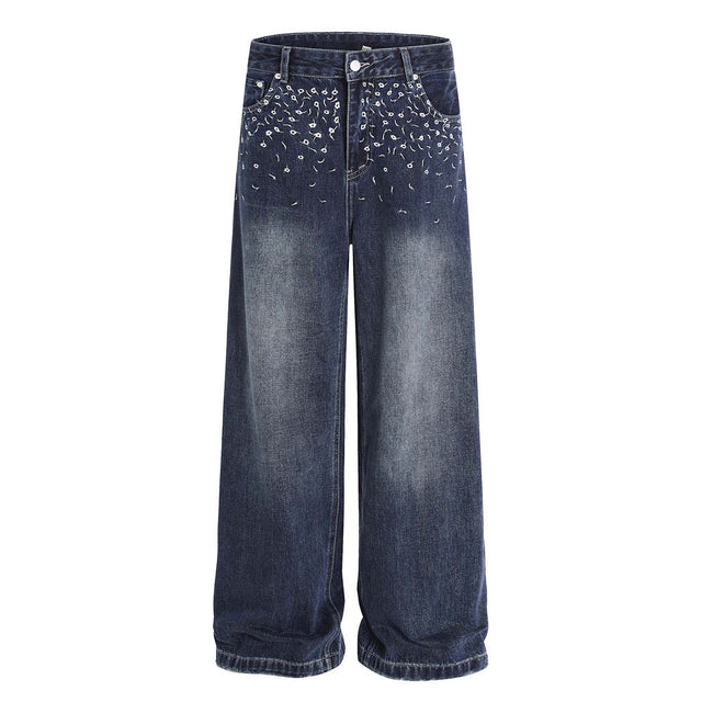 Street Design Floral Embroidered Denim Wide-Leg Long Pants Men's Vibe Trendy Washed Distressed Straight Leg Trousers - V.I.P Digital Presence