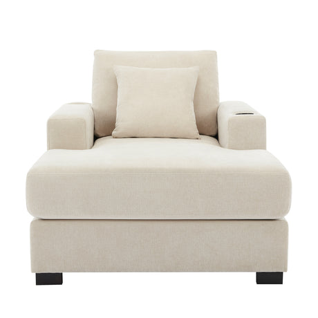 39.7" Oversized Chaise Lounger Modern Style Sofa Couch ,with Pillows, Charge Station & Cup Holders, Chenille Fabric, Cream - V.I.P Digital Presence