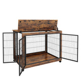 Furniture Style Dog Crate Side Table on Wheels with Double Doors and Lift Top. Rustic Brown, 43.7'' W x 30'' D x 31.1'' H. - V.I.P Digital Presence