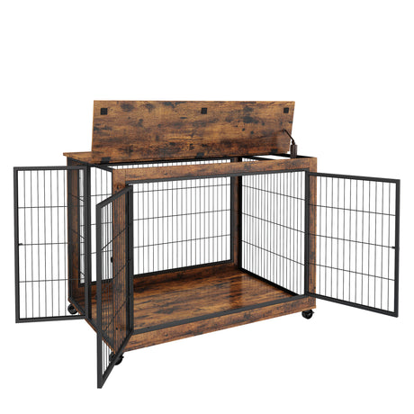 Furniture Style Dog Crate Side Table on Wheels with Double Doors and Lift Top. Rustic Brown, 43.7'' W x 30'' D x 31.1'' H. - V.I.P Digital Presence