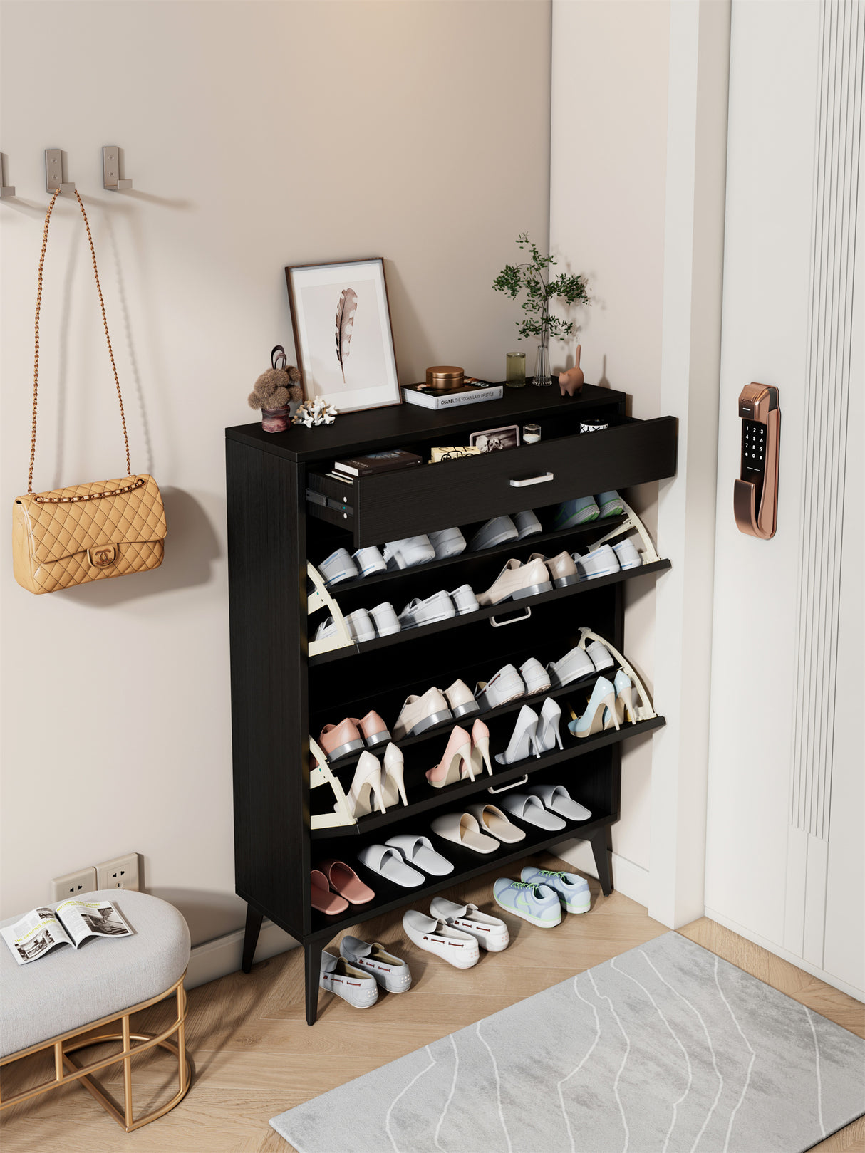 Shoe Cabinet , Shoe storage shelves, Black - V.I.P Digital Presence