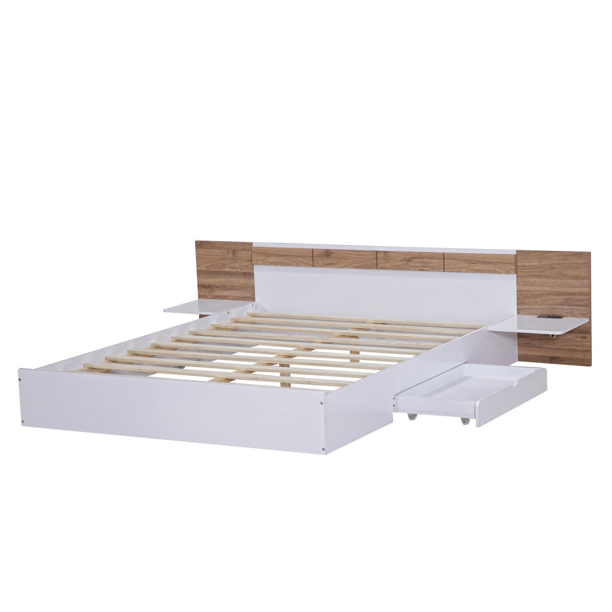 Queen Size Platform Bed with Headboard, Drawers, Shelves, USB Ports and Sockets  White