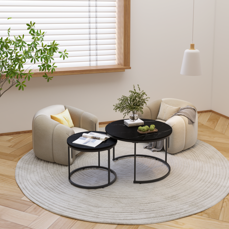 A set of nested coffee tables, 27.6-inch round coffee table, wooden marble patterned tabletop, sturdy metal frame (black) - V.I.P Digital Presence