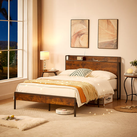 Bed frame with charging station full size, Rustic Brown, 83.1'' L x 56.1'' W x 39'' H - V.I.P Digital Presence