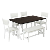 TOPMAX Farmhouse 6-Piece Trestle Dining Table Set with Upholstered Dining Chairs and Bench  59inch, White