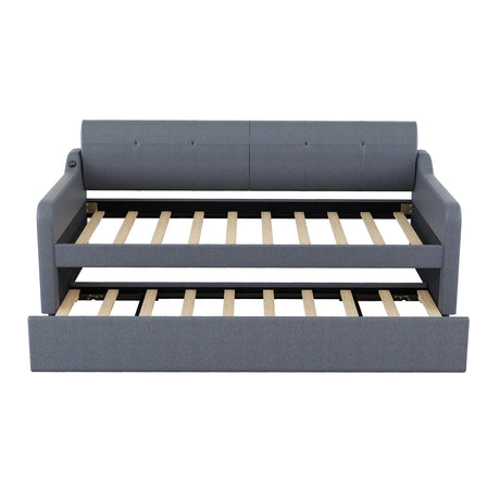 Twin Size Upholstery DayBed with Trundle and USB Charging Design Trundle can be flat or erected Gray - V.I.P Digital Presence