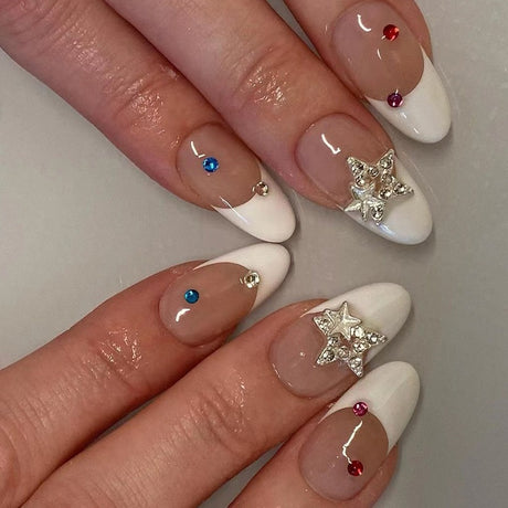 Wearable nails white French style wearable nails finished silver three-dimensional five-pointed star nail stickers wearable - V.I.P Digital Presence