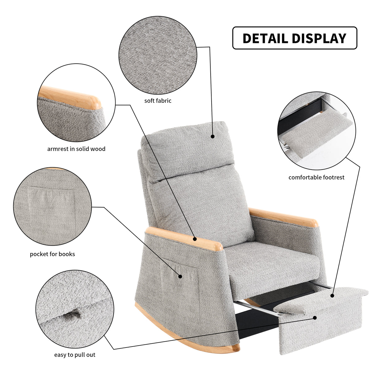 Accent Rocking Chair with Footrest High Back Rubber Wood Rocking Legs Bedroom Living Space 38.6D X 26.8W X 40.6H Inch - V.I.P Digital Presence