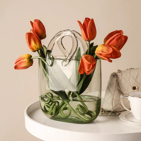 Nordic net red bag, glass vase, portable blue primary color decoration, creative light luxury living room water culture flower arrangement decoration - V.I.P Digital Presence