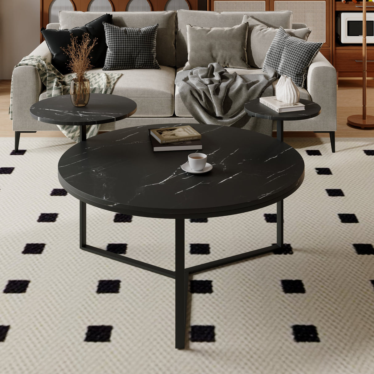 Modern coffee table with two display shelves, Black Faux marble surfaces, Tripod-inspired base,Rounded tabletop edges - V.I.P Digital Presence