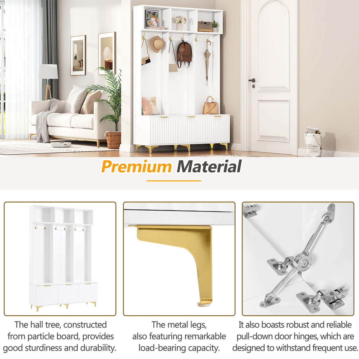 Large storage hall tree with bench, multifunctional storage platform, luxury clothes hanger equipped with 6 gold hooks - V.I.P Digital Presence