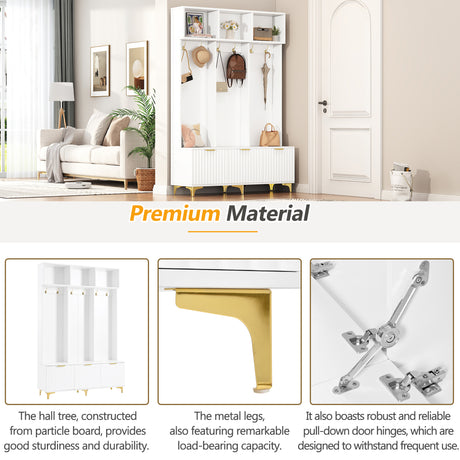 Large storage hall tree with bench, multifunctional storage platform, luxury clothes hanger equipped with 6 gold hooks - V.I.P Digital Presence