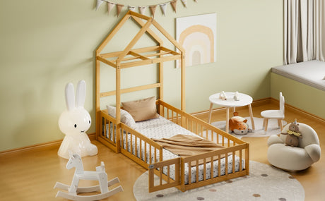 Wooden Twin Size Children's Bed with Detachable Headboard and Integrated Clothes Drying Rack, Natural - V.I.P Digital Presence
