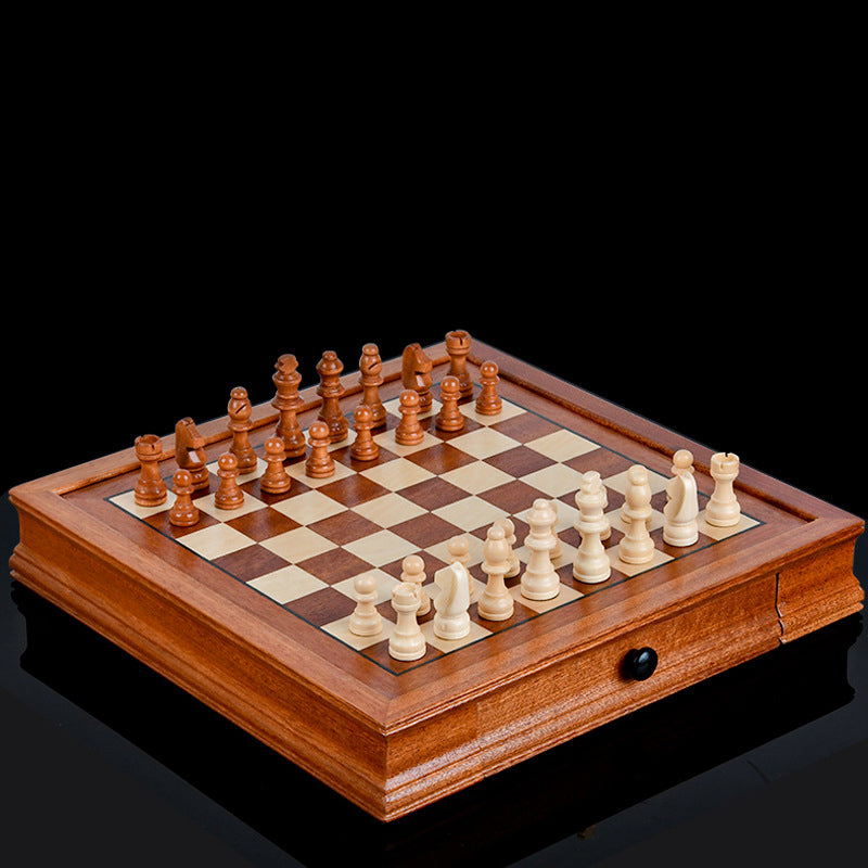Juego de caja de ajedrez magnética con tablero de ajedrez empalmado de chapa de madera maciza estilo cajón