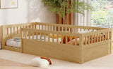 Twin Floor Bed Frame with Fence, Wood Kids Floor Beds Frame for Bedroom Playroom,Natural